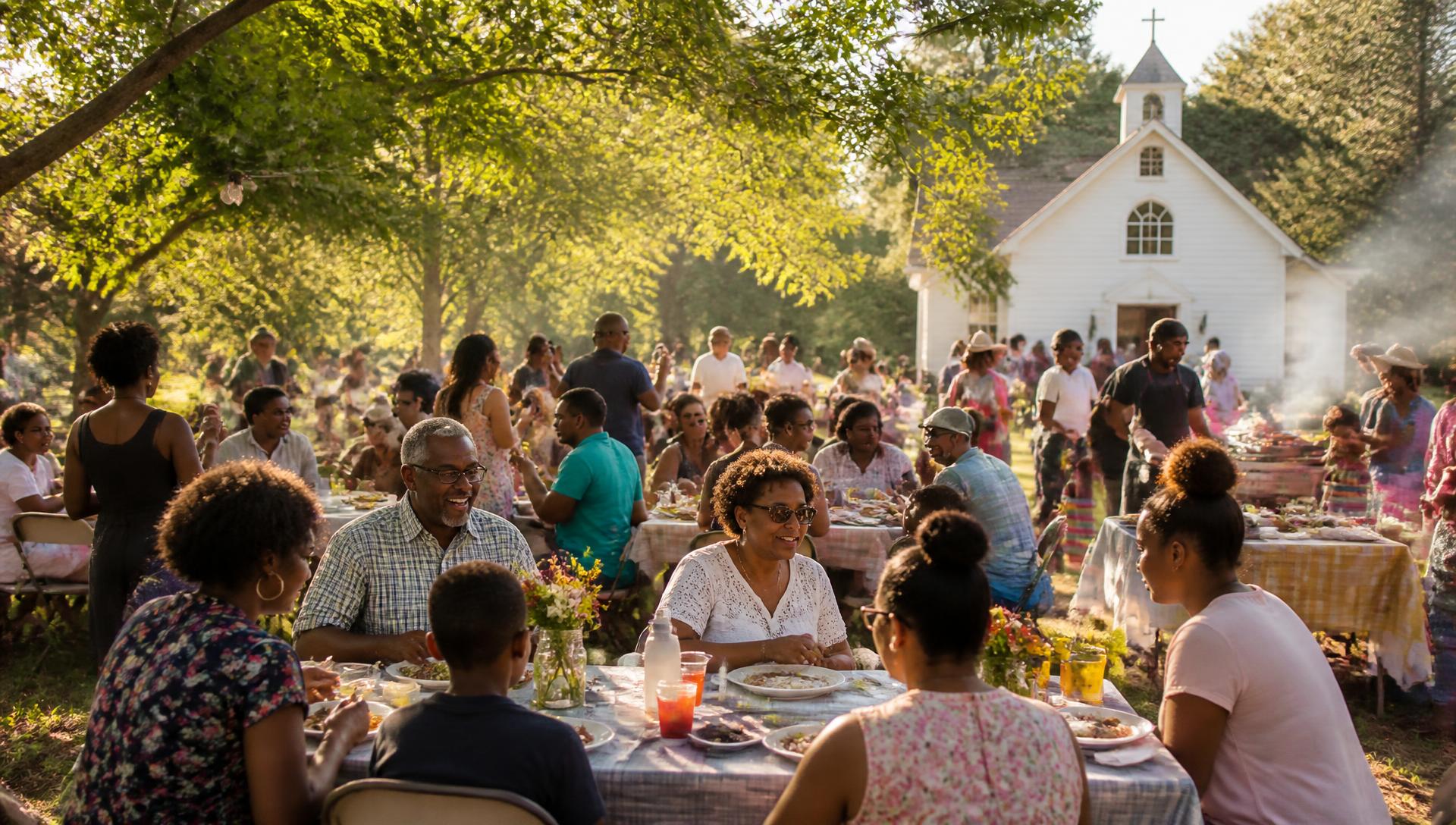 Church families sharing a meal at long tables during an outdoor summer picnic
